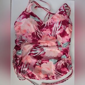 NWT Ocean + Coast Belk Tankini Top Floral Palm Side Cinch 1X